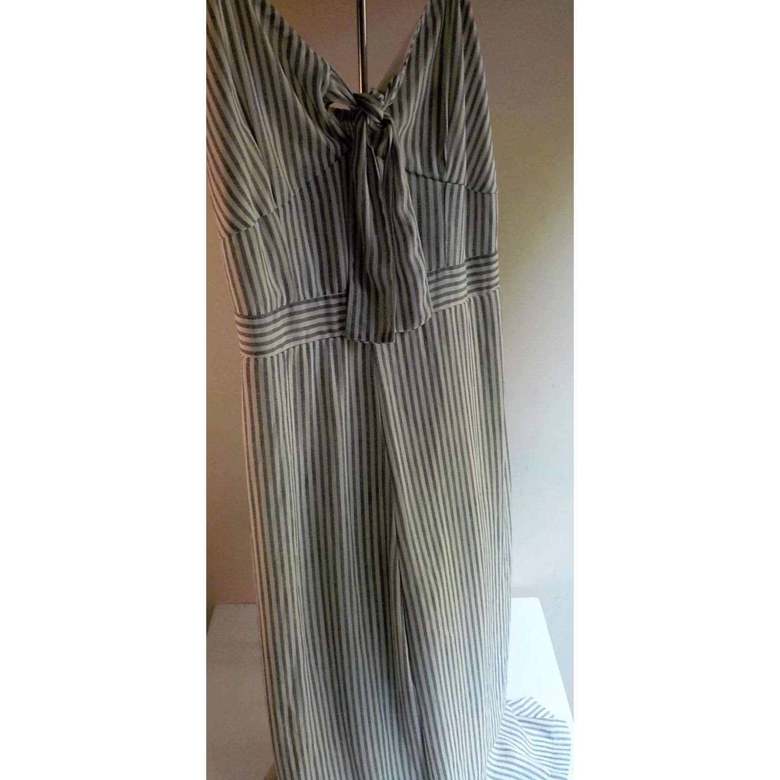 Vintage JAPNA Spaghetti Strap Striped Jumpsuit W/Elasticized Back Blue/Ivory Poly NWT Large Womens Size 36" / US 14 / IT 50 - 3 Thumbnail