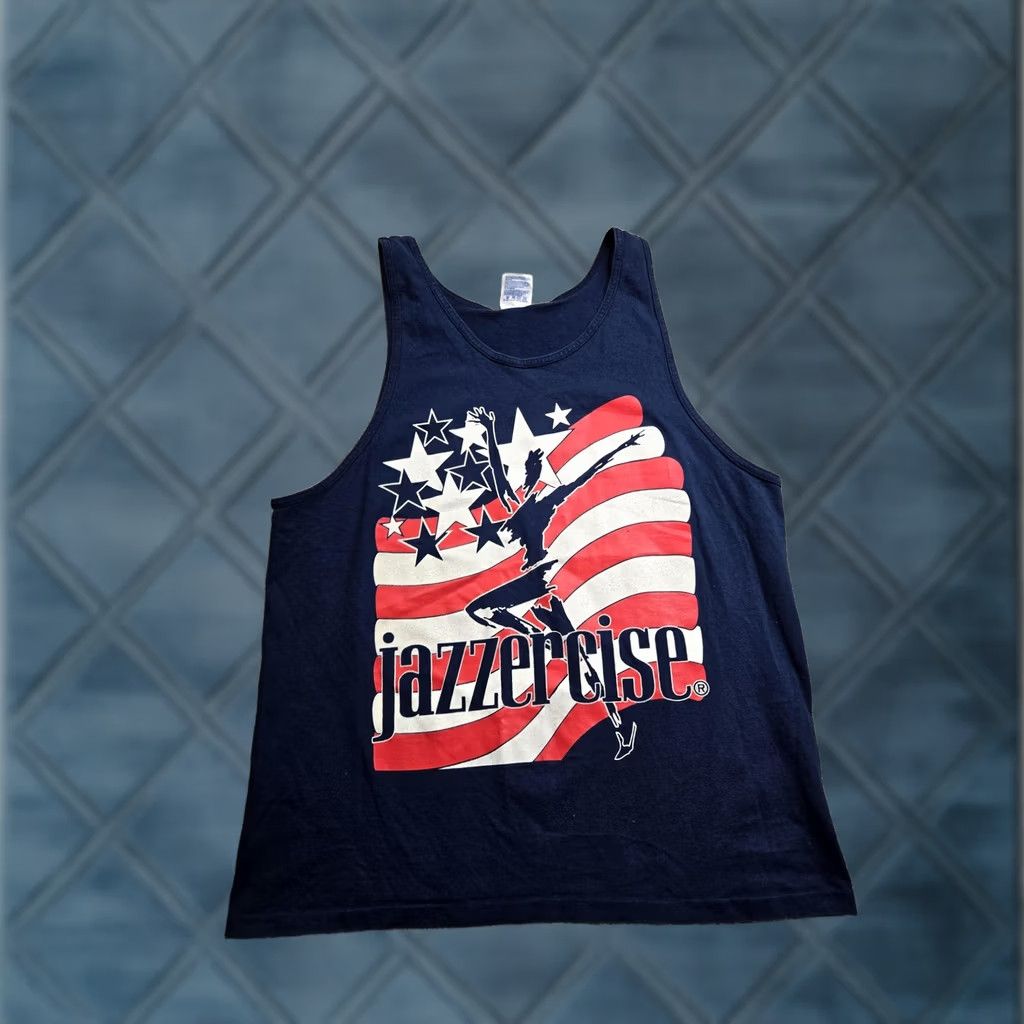 Hanes VINTAGE Hanes T-Shirt Shirt Men XL Blue USA Flag Graphic 90s Jazzercise Tank Top Sleeveless Round Neck Graphic Print Patriotic Size US XL / EU 56 / 4 - 1 Thumbnail