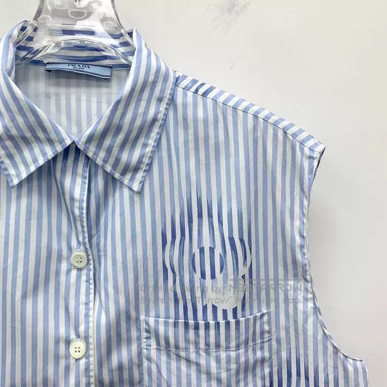 Prada Prada Blue vertical striped floral print cotton lapel sing Size S / US 4 / IT 40 - 3 Thumbnail