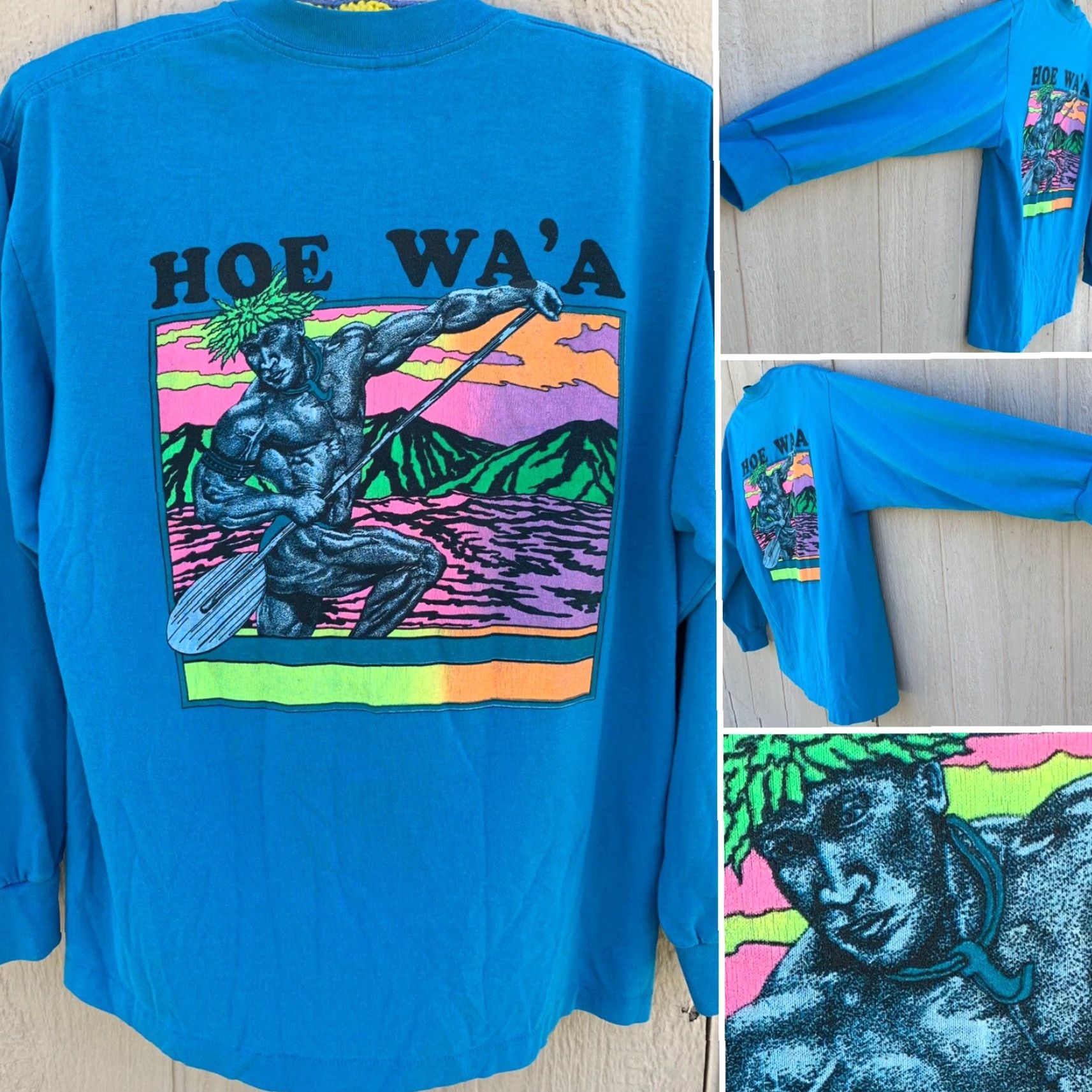 Vintage VINTAGE Hawaiian Legends HOE WA’A Neon Graphics Long Sleeve T-Shirt 1980s L Mens Blue 80s Graphic Tee Tee Jays HEF-T by Tee-Jays Size US L / EU 52-54 / 3 - 3 Thumbnail