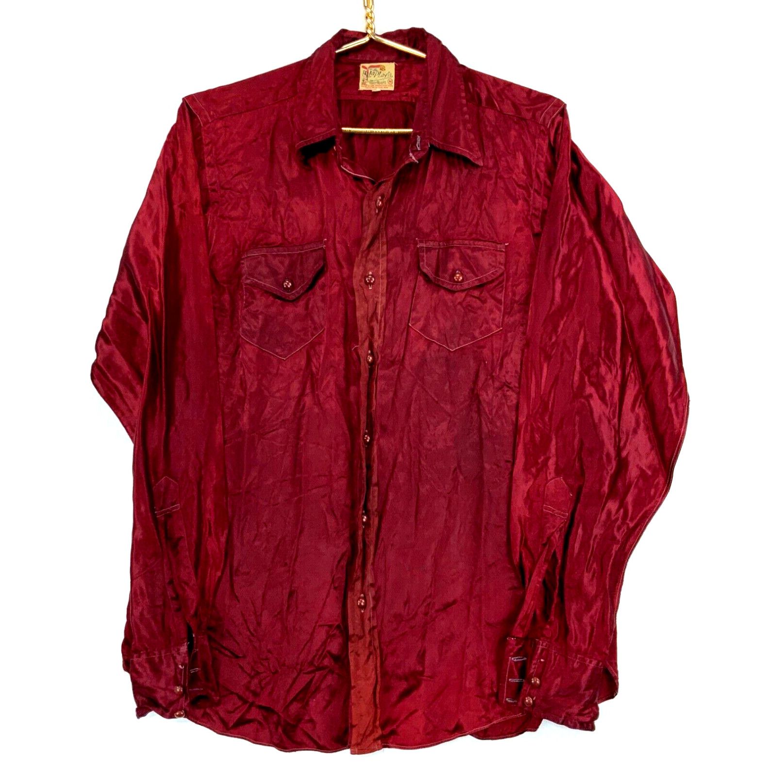 image of Vintage Marlboro La Playa Satin Button Up Shirt Size Medium Burgundy 50S in White, Men's