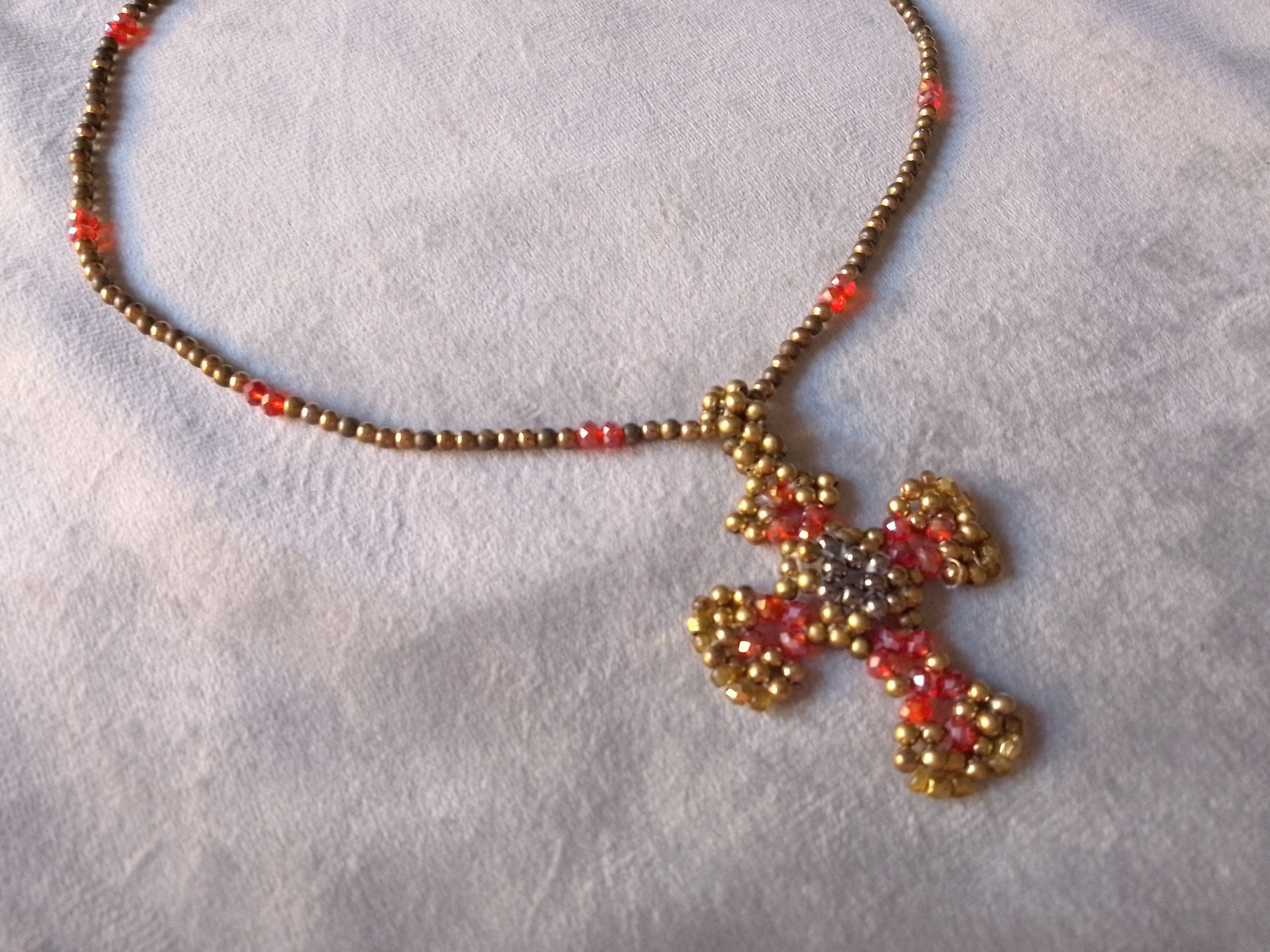 Handmade Necklace Vintage Brass Red Crystal Beaded Cross Pendant Size ONE SIZE - 7 Thumbnail