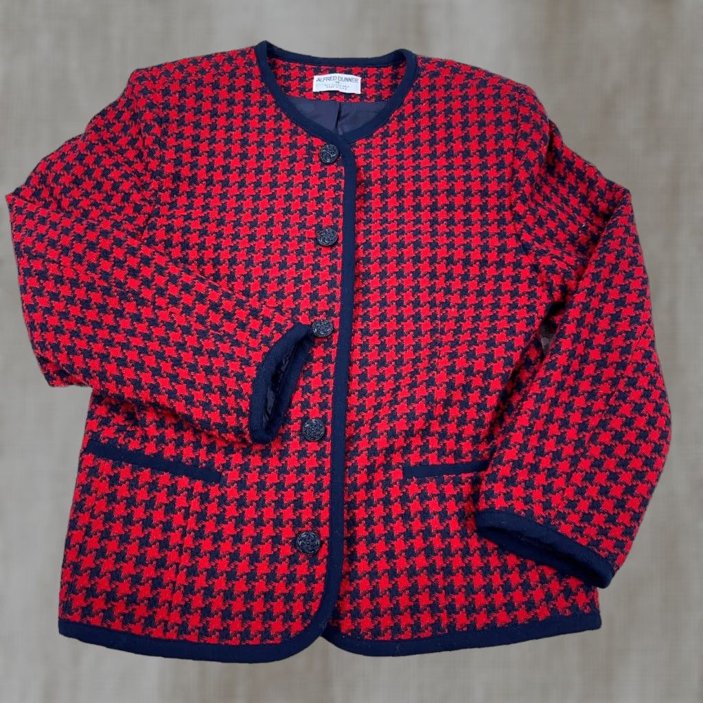 Vintage VINTAGE Alfred Dunner Blazer Jacket Women 14 Red Blue Wool Pea Coat Herringbone Button Collared Pockets Regular Size 14 Womens Fall Winter 90s Size XL / US 12-14 / IT 48-50 - 1 Thumbnail