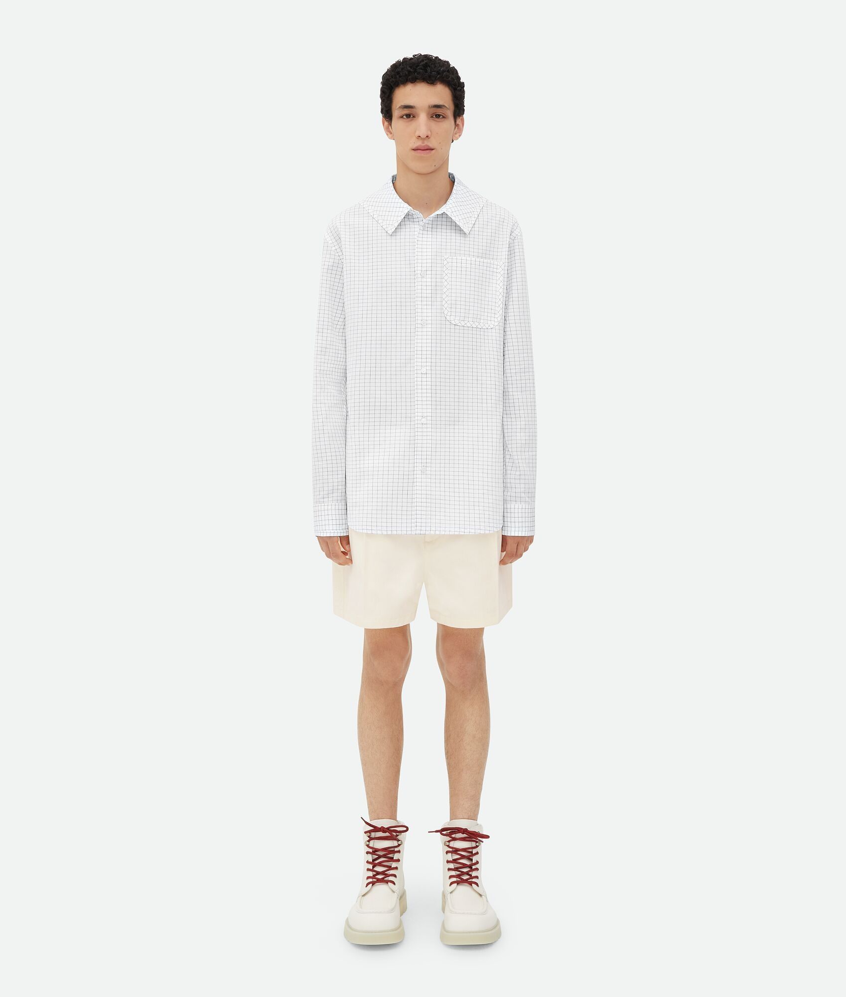 Bottega Veneta o1lf3ng11025 Crisp Cotton Silk Check Bandana Shirt in White Size US M / EU 48-50 / 2 - 1 Thumbnail