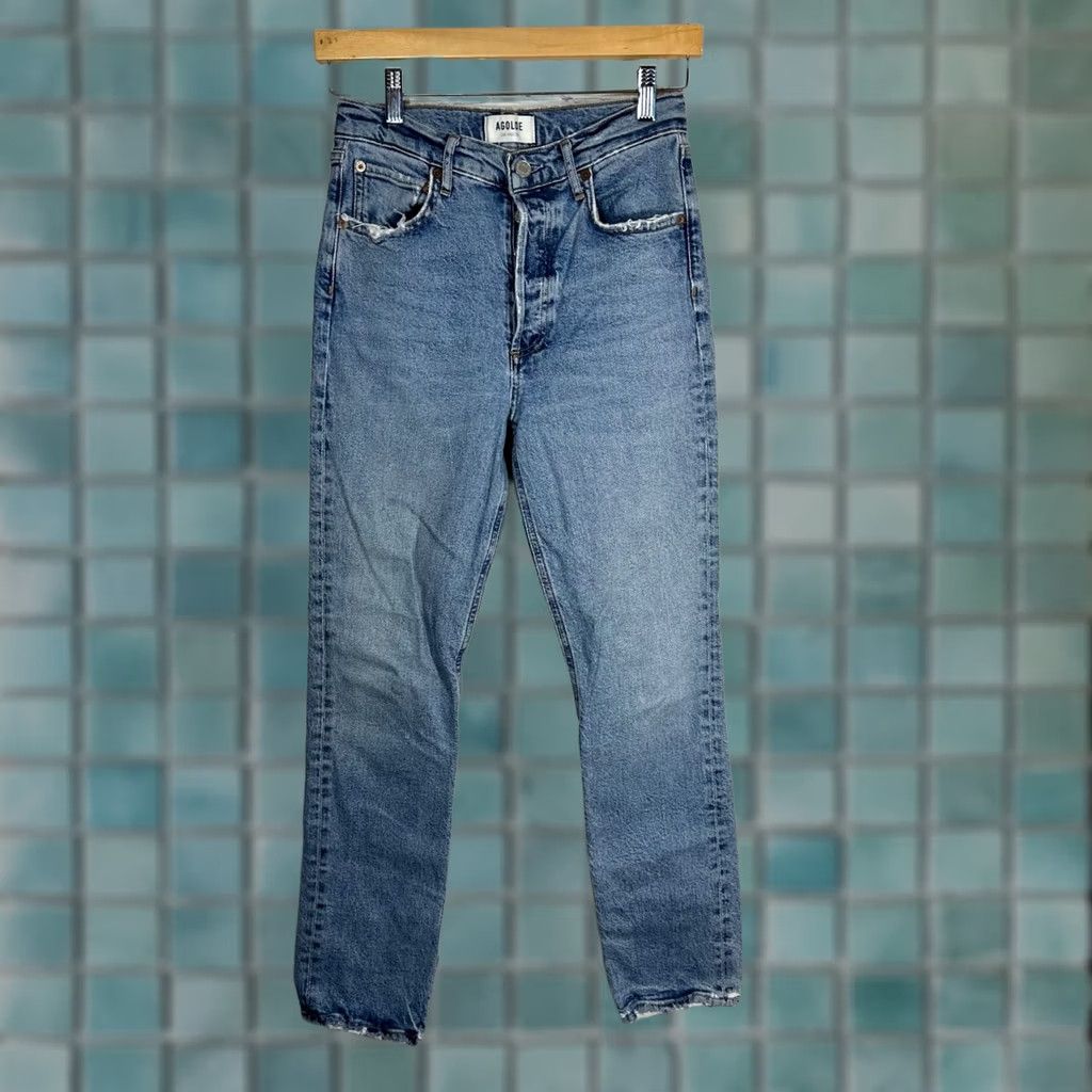 Agolde AGOLDE Jeans Womens 27 High Rise Riley Long Blue Jeans Button Fly Distressed 5-Pocket Denim Straight High Rise Womens Jeans Size 27" / US 4 / IT 40 - 1 Thumbnail