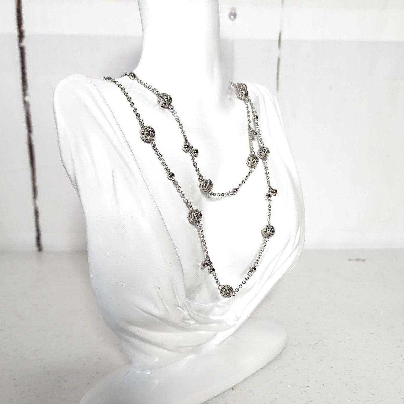 Designer Cookie Lee Signed Art Deco Silver Ball Bead Flapper Necklace Size ONE SIZE - 2 Thumbnail