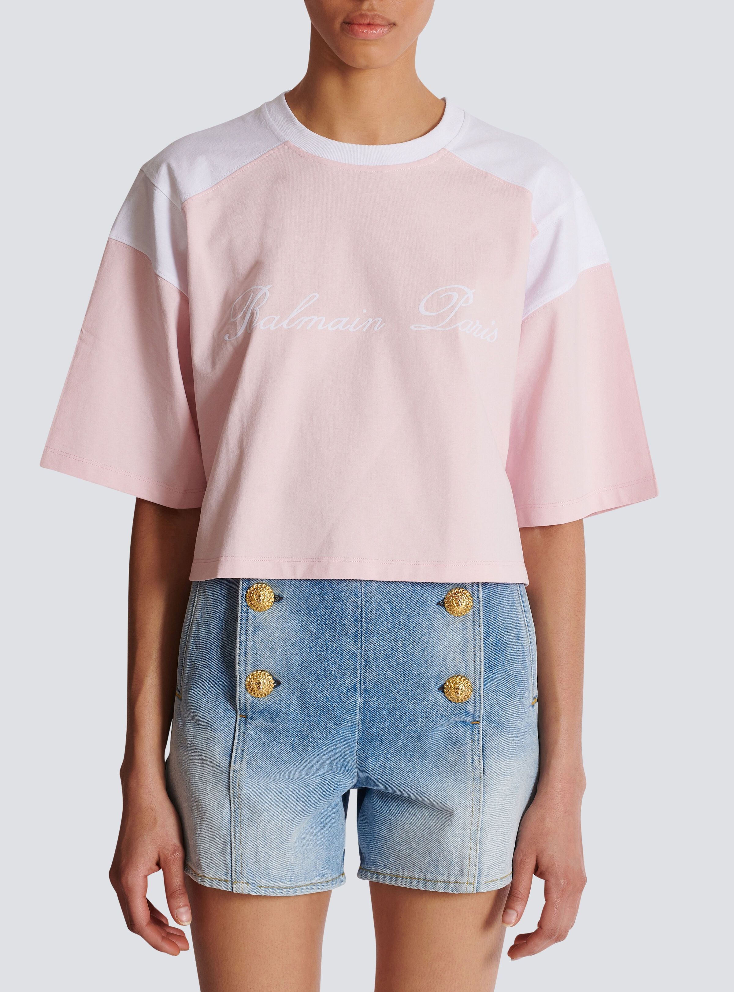 Balmain o1s1wg110725 Logo Colorblock Cropped T-Shirt in Pink Size S / US 4 / IT 40 - 2 Thumbnail