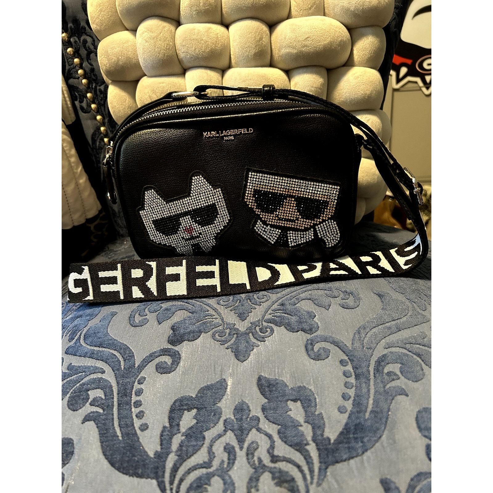 Karl Lagerfeld Karl Lagerfeld Maybelle Black Rhinestone Duo Camera Bag NWOT Size ONE SIZE - 9 Thumbnail