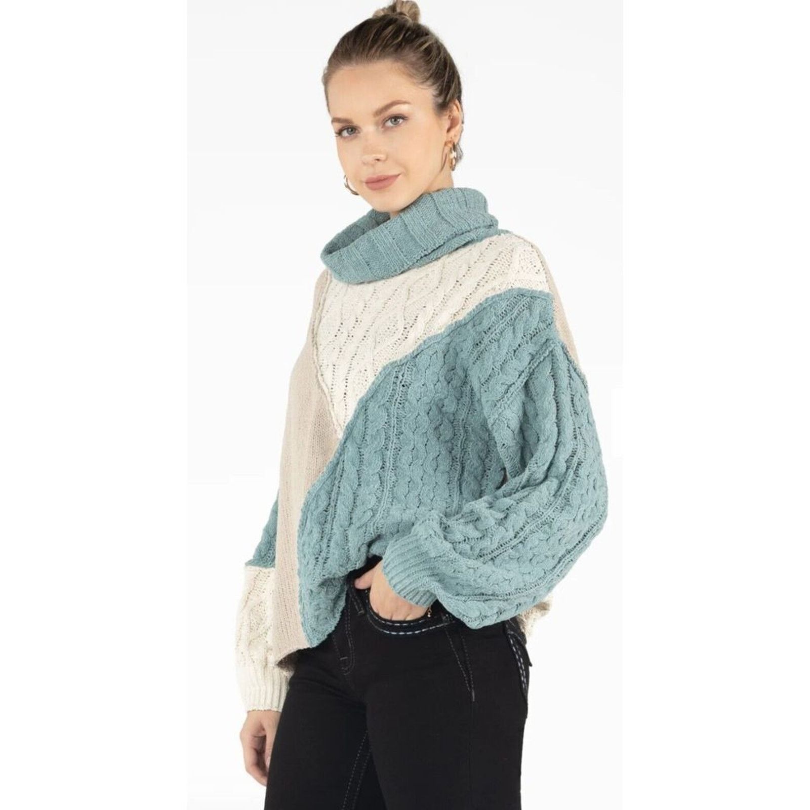 Miss Me Miss Me Colorblock Mixed Media Cable Knit Sweater Large Size L / US 10 / IT 46 - 1 Thumbnail