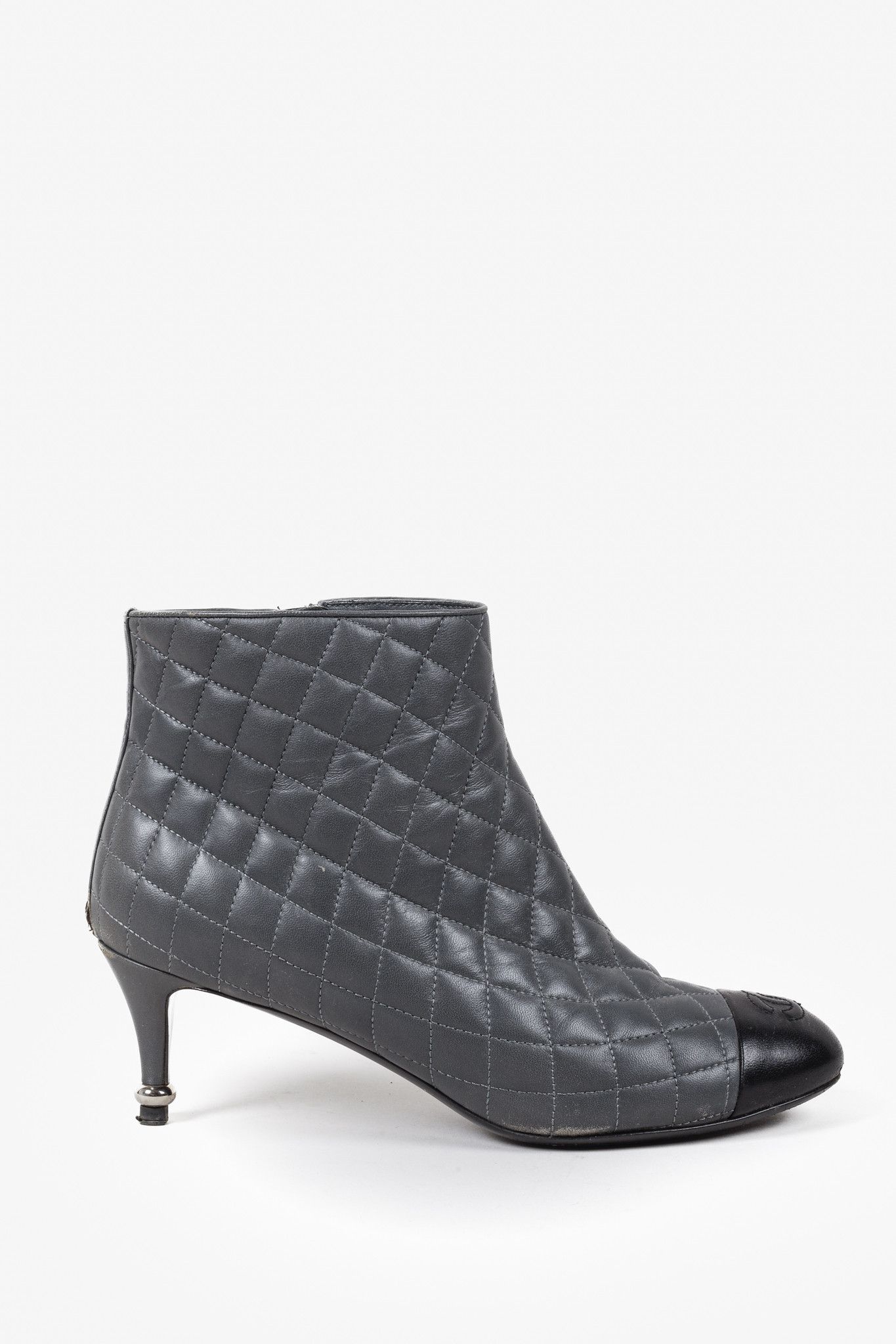 Chanel Grey Quilted CC Cap Toe Booties