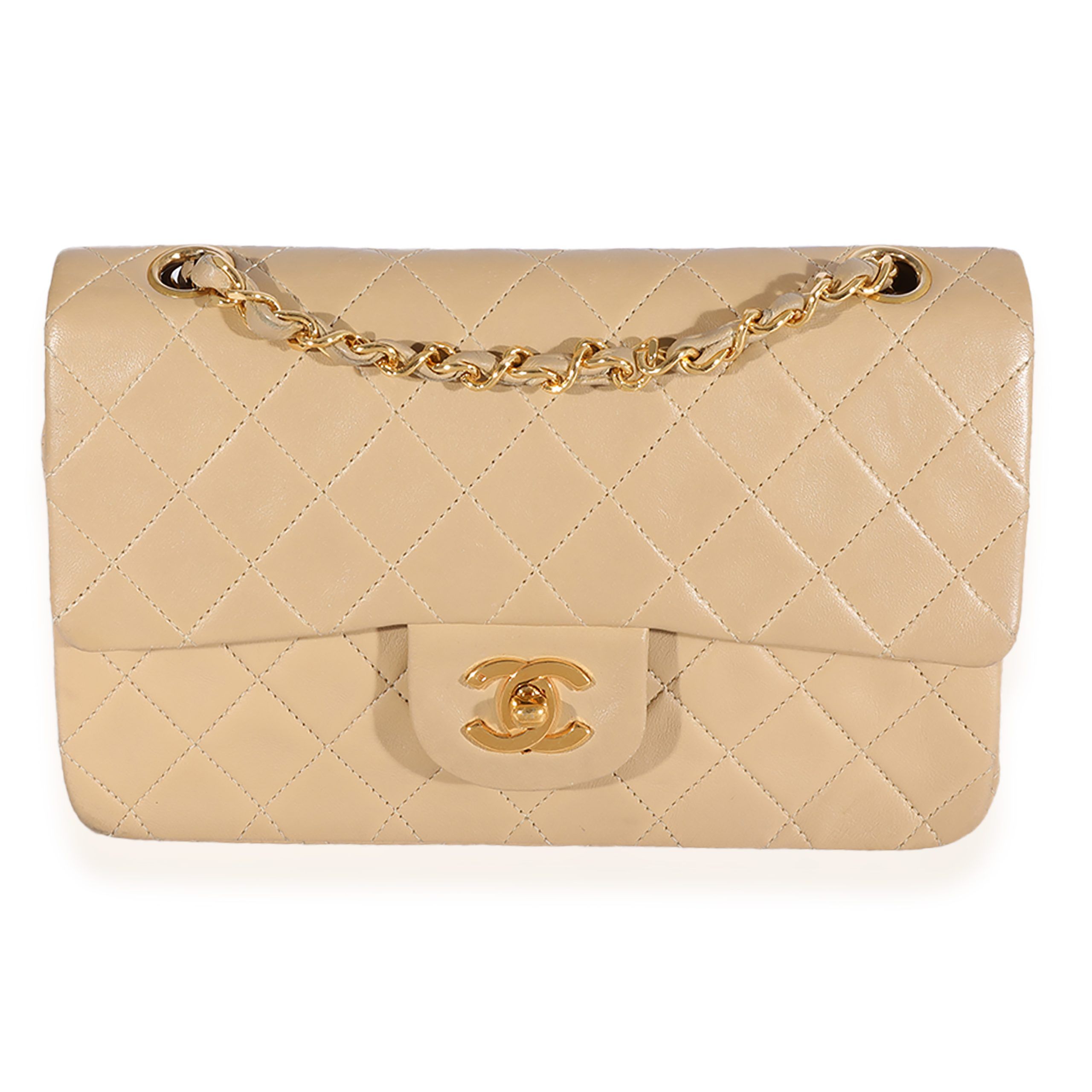 Chanel Vintage Beige Quilted Lambskin Small Classic Double Flap Bag