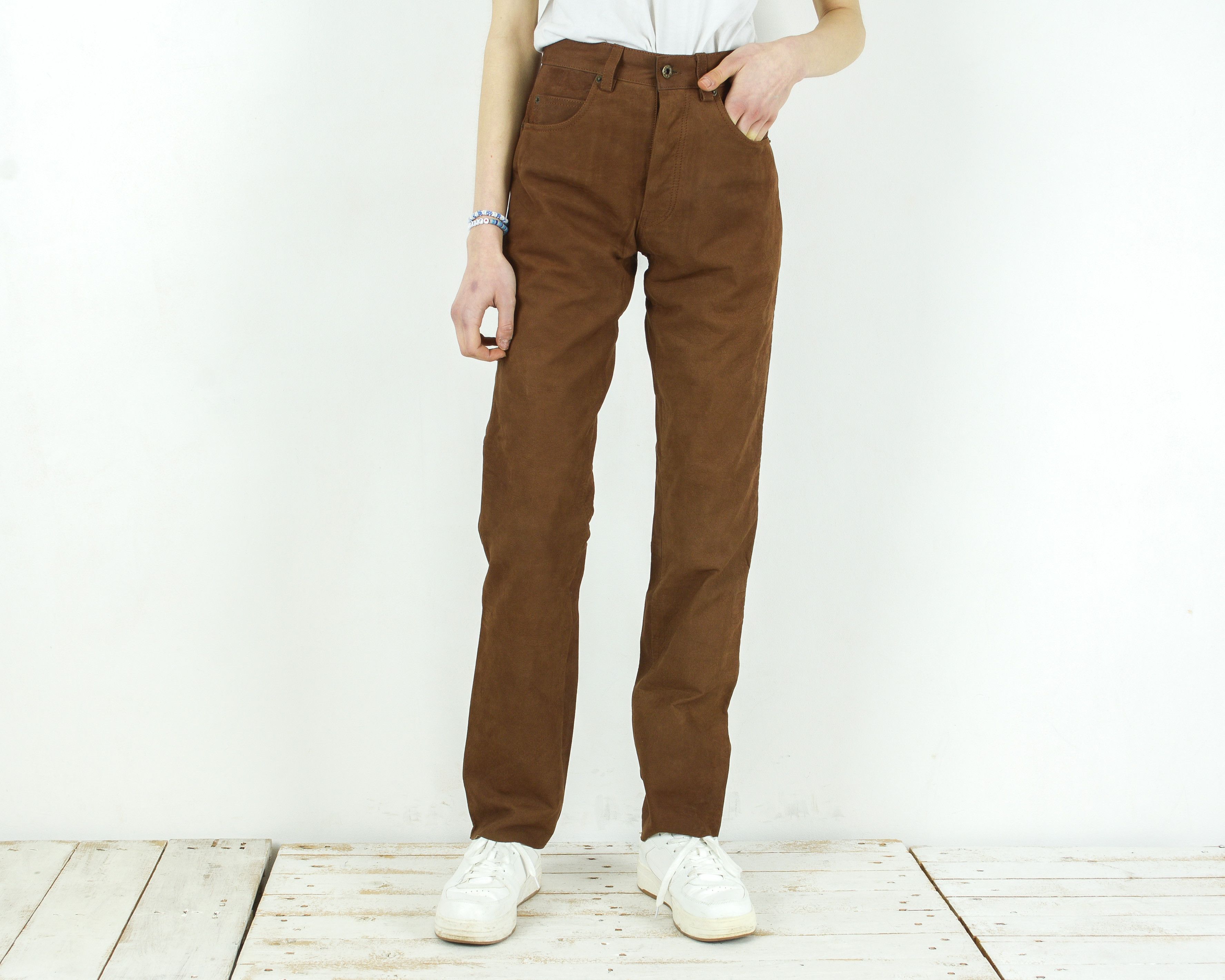 image of Genuine Leather Stockerpoint Brown Leather Trousers Straight Pants Cowboy, Women's (Size 26)