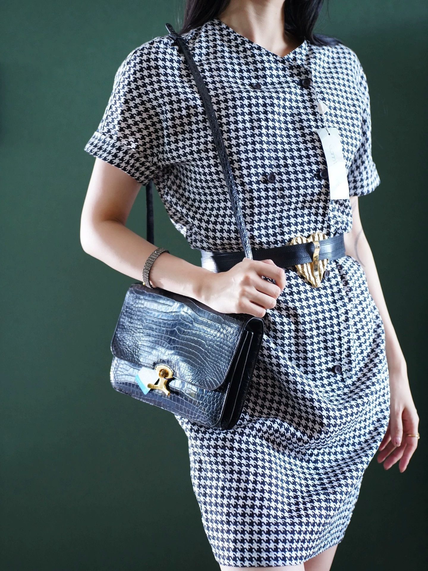 Other Gianni Versace 80s Linen Houndstooth Dress IT44/L Size M / US 6-8 / IT 42-44 - 3 Thumbnail