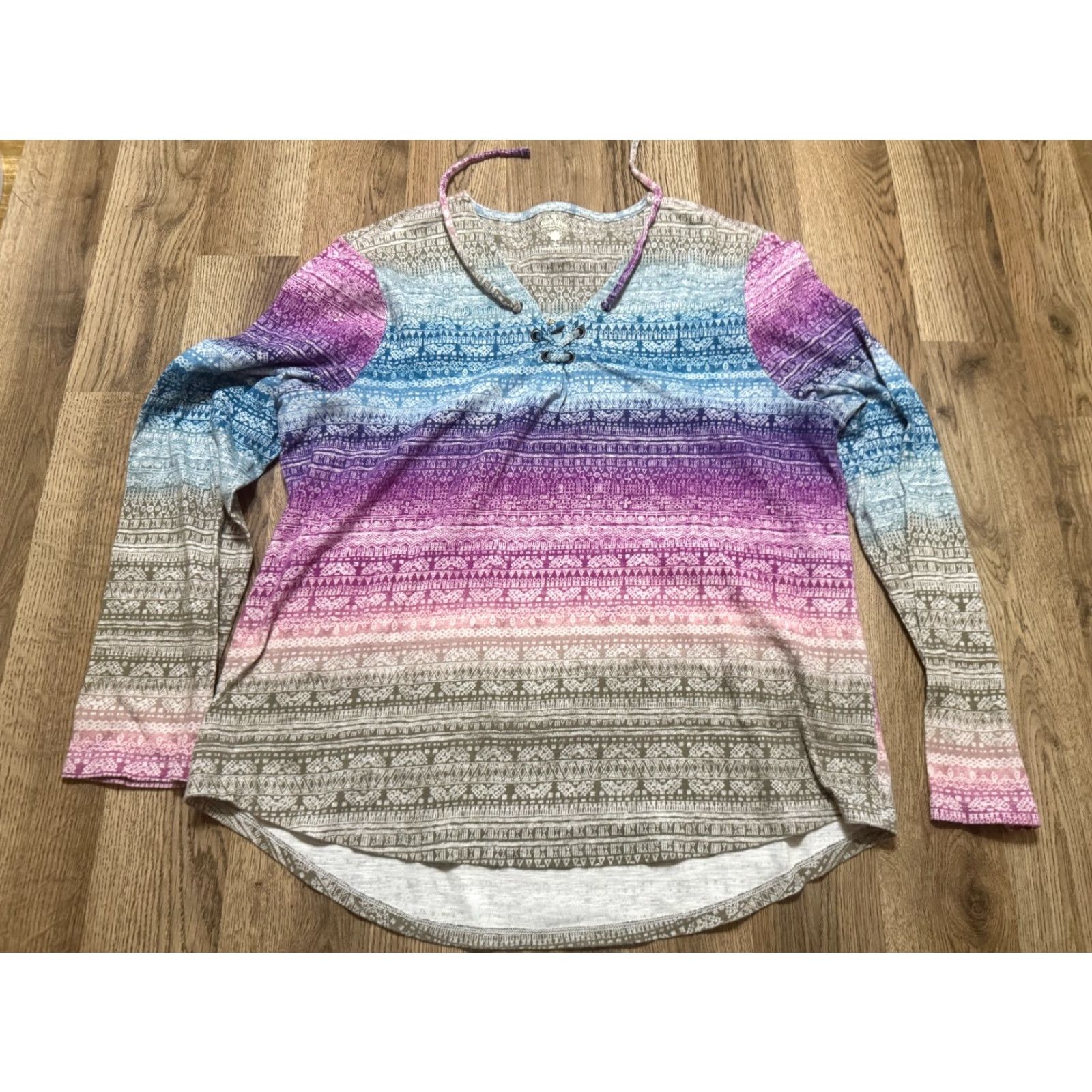 Vintage Ruff Hewn Shirt Women's XL Long Sleeve V-Neck Purple Blue Red Brown Shirt Size XL / US 12-14 / IT 48-50 - 2 Thumbnail