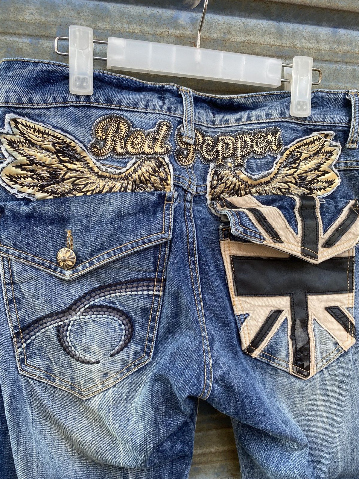 Japanese Brand Y2K Red Pepper Wing Motif Union Jack Denim Pants Size US 33 - 6 Thumbnail