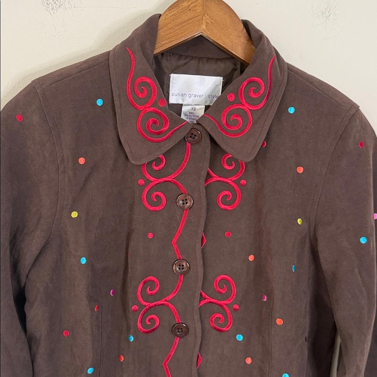 Other Susan Graver Chocolate Brown & red blazer scallop trim SZ SM Size S / US 4 / IT 40 - 2 Thumbnail