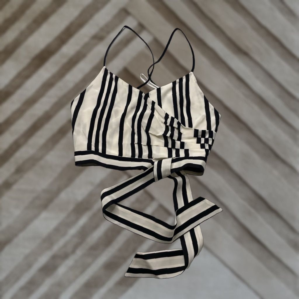 Alice + Olivia Alice + Olivia Shirt Women 2 Black White Striped Cropped Top Sleeveless V-Neck Zip Cropped Blouse Multicolor Silk Strappy Sleeve Size XS / US 0-2 / IT 36-38 - 1 Thumbnail