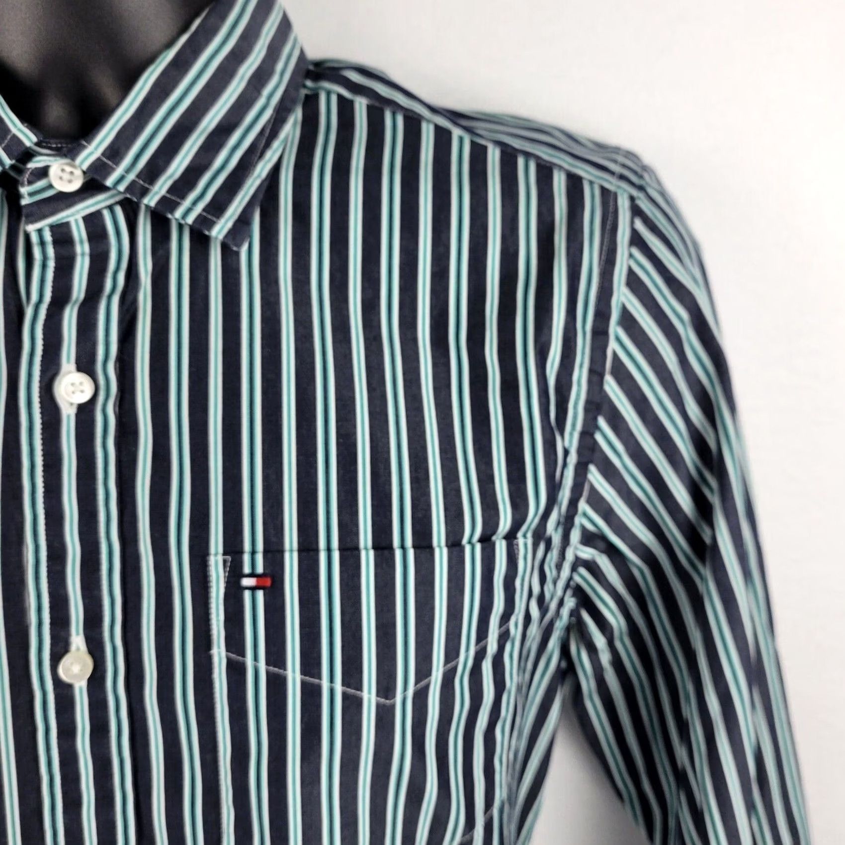 Tommy Hilfiger VINTAGE Tommy Hilfiger Dress Shirt S Green Striped 80s Mens Short Sleeve Button-Front Custom Fit T51 Size 36R - 3 Thumbnail