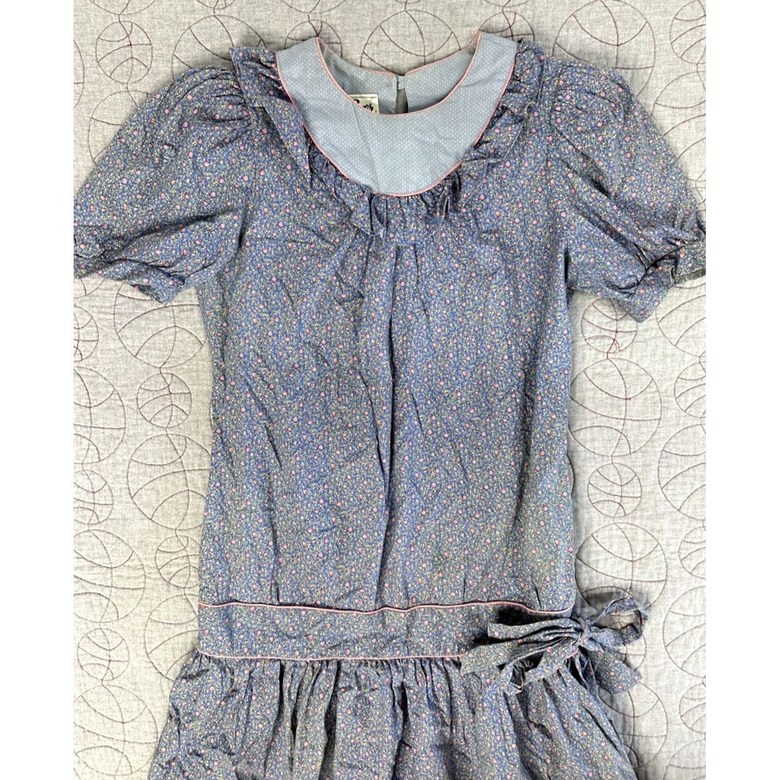 Vintage VTG 80s Byer Too! Floral Prairie Dress Puff Sleeves Drop Waist Ruffle Collar 11 Size S / US 4 / IT 40 - 5 Thumbnail