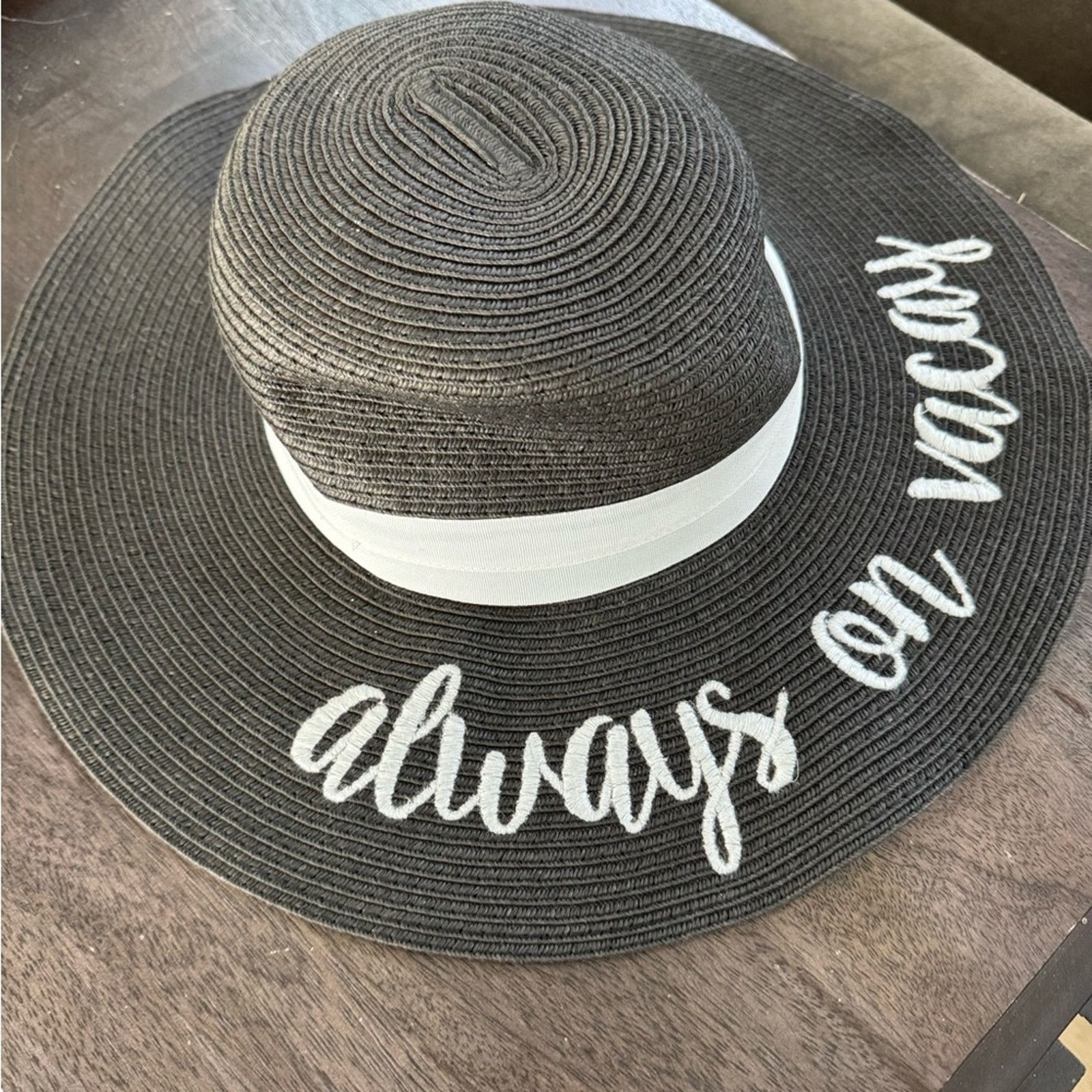 Other Chic Beach Vacation Black Sun Hat with White Script Size ONE SIZE - 2 Thumbnail