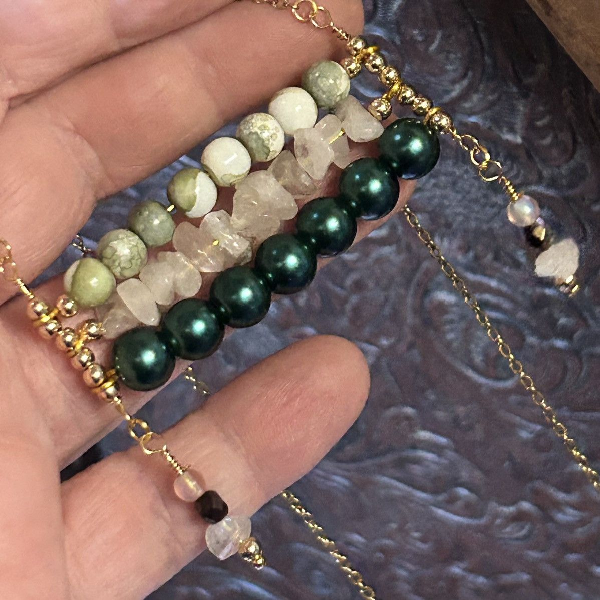 Handmade Handcrafted triple row bar stone pearl necklace Size ONE SIZE - 5 Thumbnail