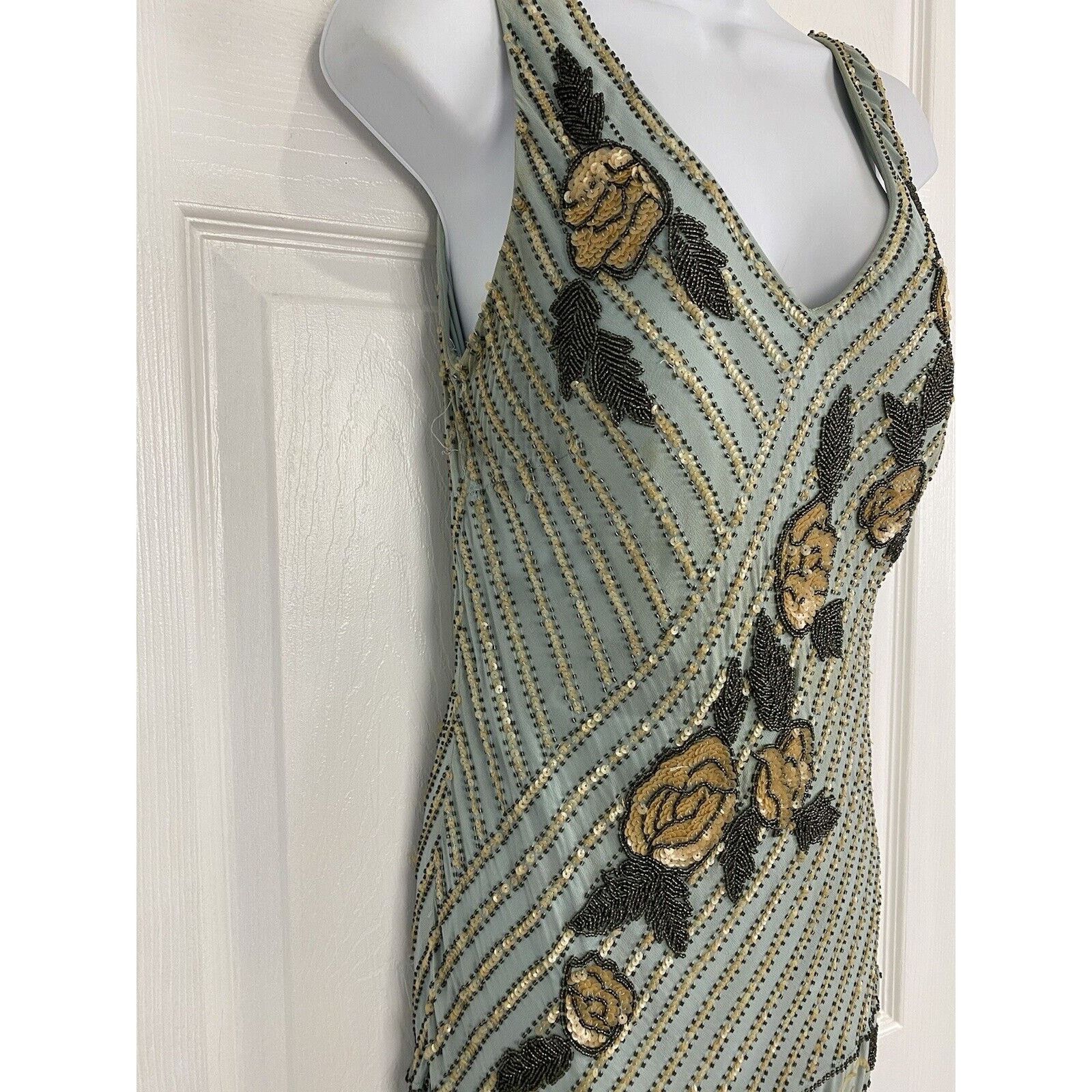 Other Cache Silk Beaded Fringe Floral Sequins Dress 10 Y2K Blue Size L / US 10 / IT 46 - 7 Thumbnail