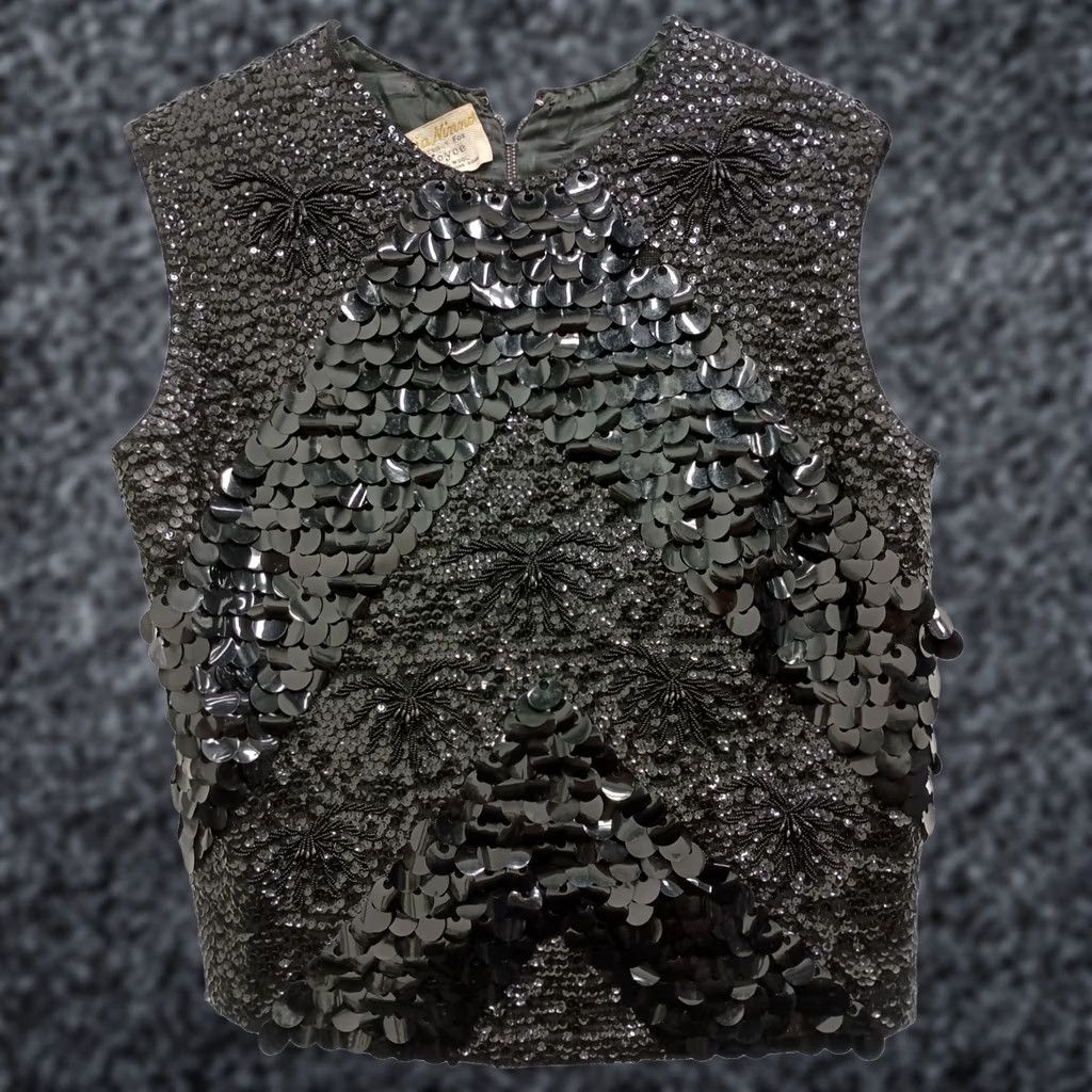 Vintage Gia Ninno Top Large Black Wool Sequin Paillette VTG 60s Glam Holiday Womens Size L / US 10 / IT 46 - 1 Thumbnail
