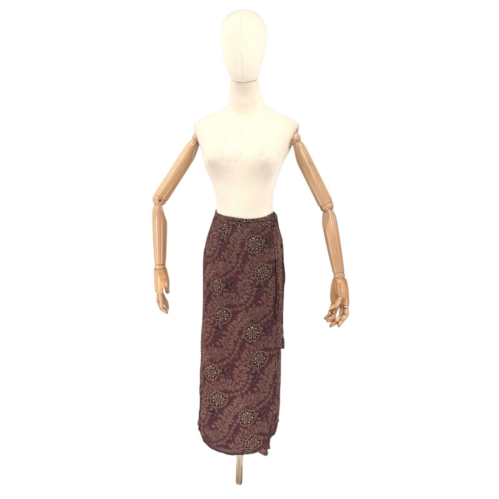 Ann Taylor Vintage 90s Maroon Tan Floral Rayon Boho Wrap Maxi Skirt Size 26" / US 2 / IT 38 - 1 Thumbnail
