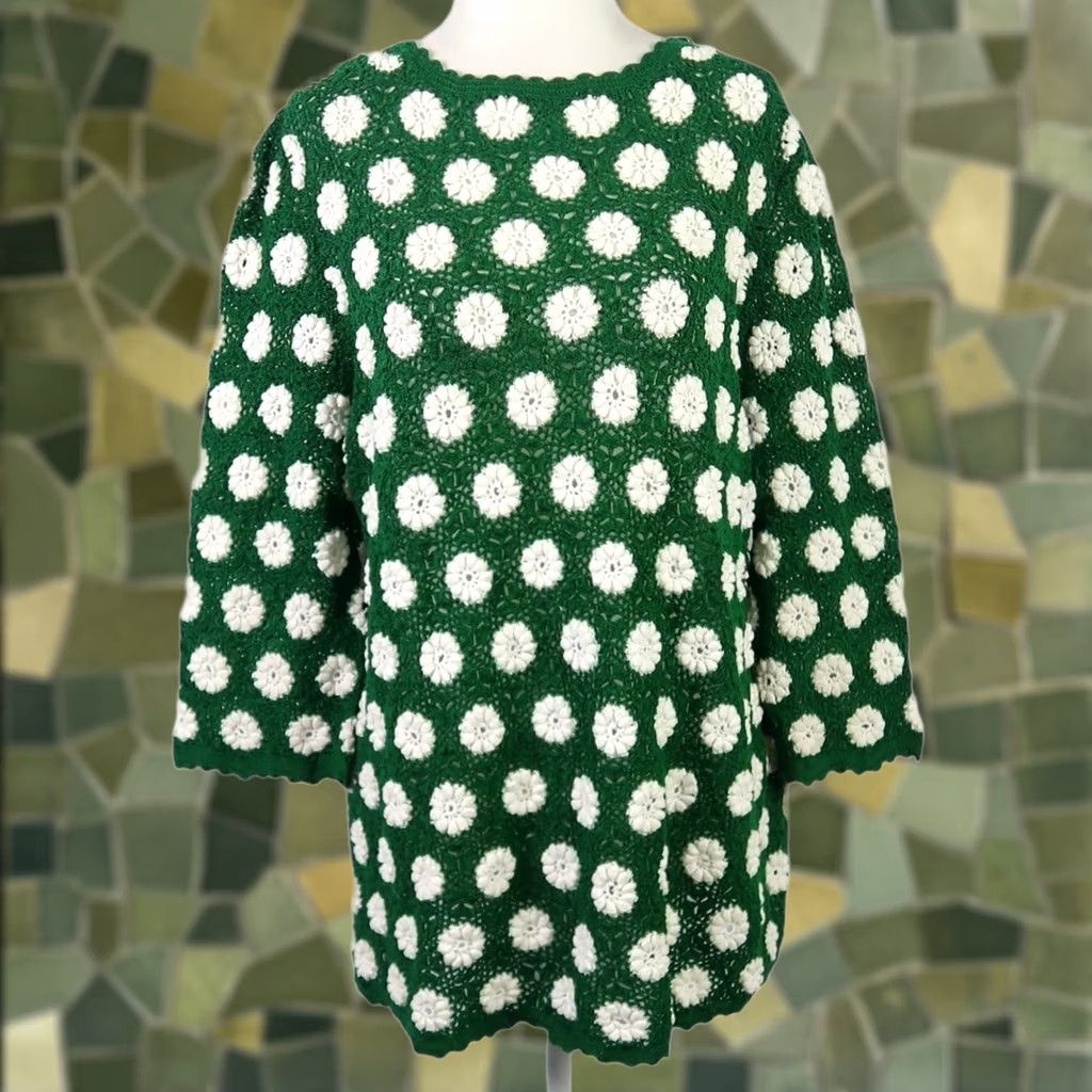 Vintage VINTAGE Sweater Floral Crochet Knit Dark Green White L Womens Long Sleeve Pullover Acrylic Bohemian Hippie 70s Size L / US 10 / IT 46 - 1 Thumbnail