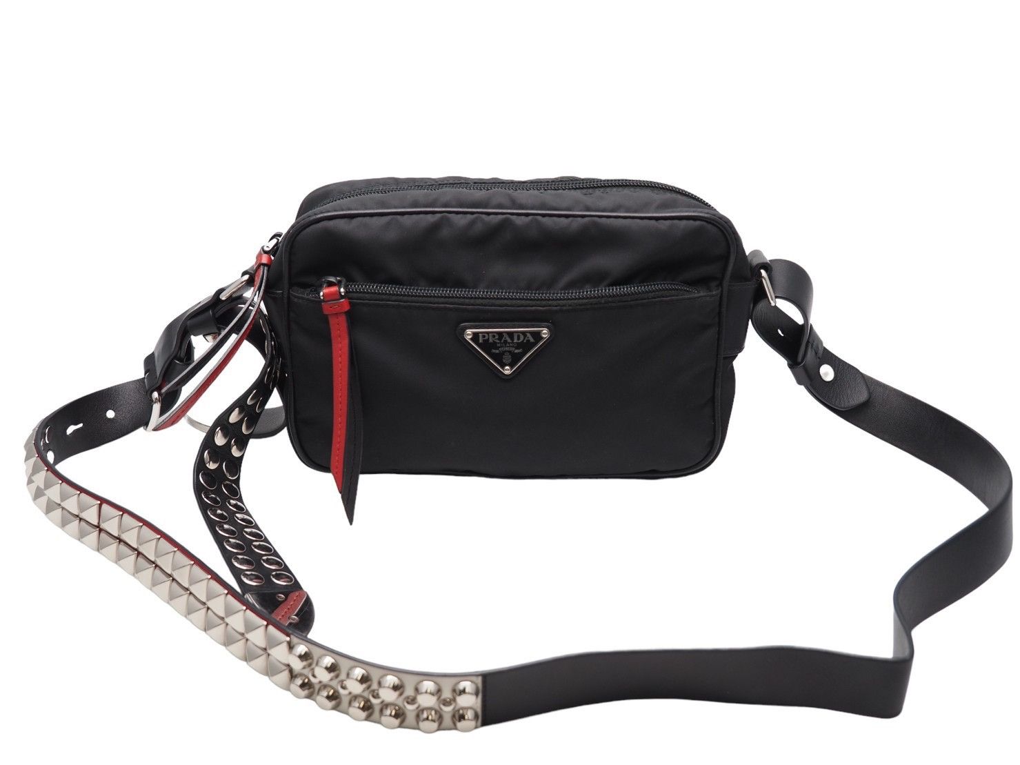 image of Prada Shoulder Bag Studs Nylon Leather Black Red, Women's