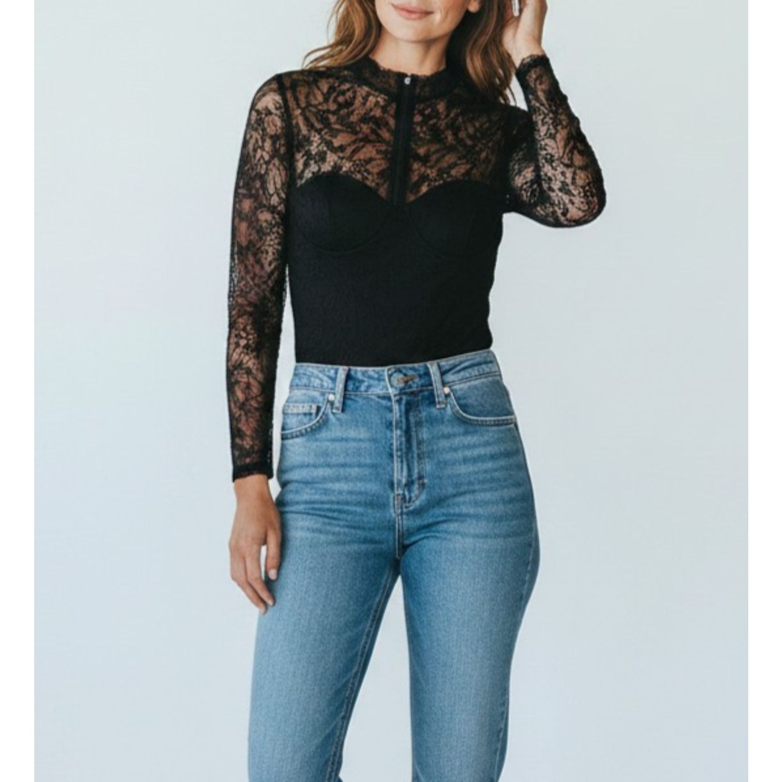 Jonathan Simkhai JONATHAN SIMKHAI Black Lace High Neck Sheer Bodysuit Size 0 Size XS / US 0-2 / IT 36-38 - 1 Thumbnail