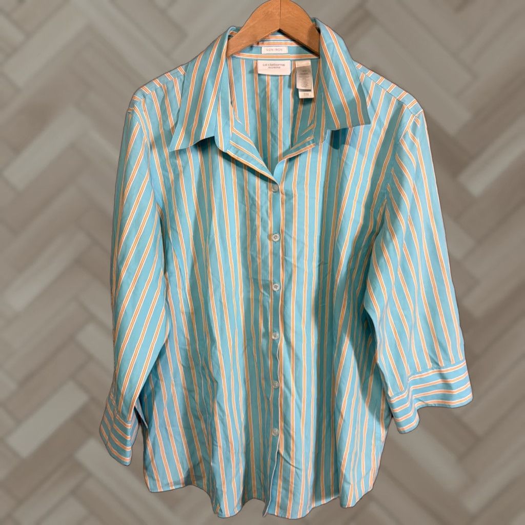 Liz Claiborne Liz Claiborne Shirt Womens 18W Blue Striped Non-Iron Button Up Dress Shirt Size XXL / US 16-18 / IT 52-54 - 1 Thumbnail