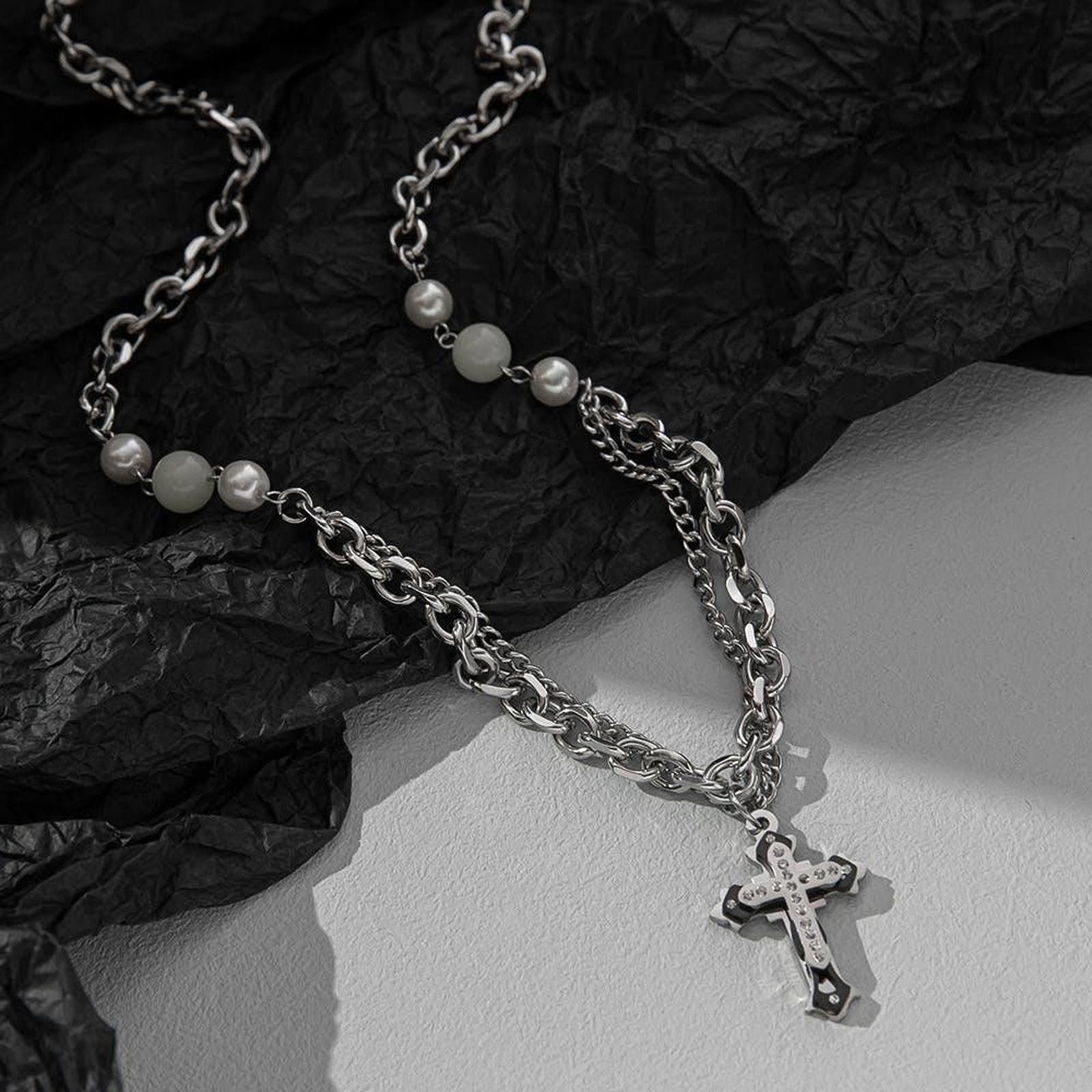 Jewelry Cross Stacked Pearl Chain Necklace Size ONE SIZE - 2 Thumbnail