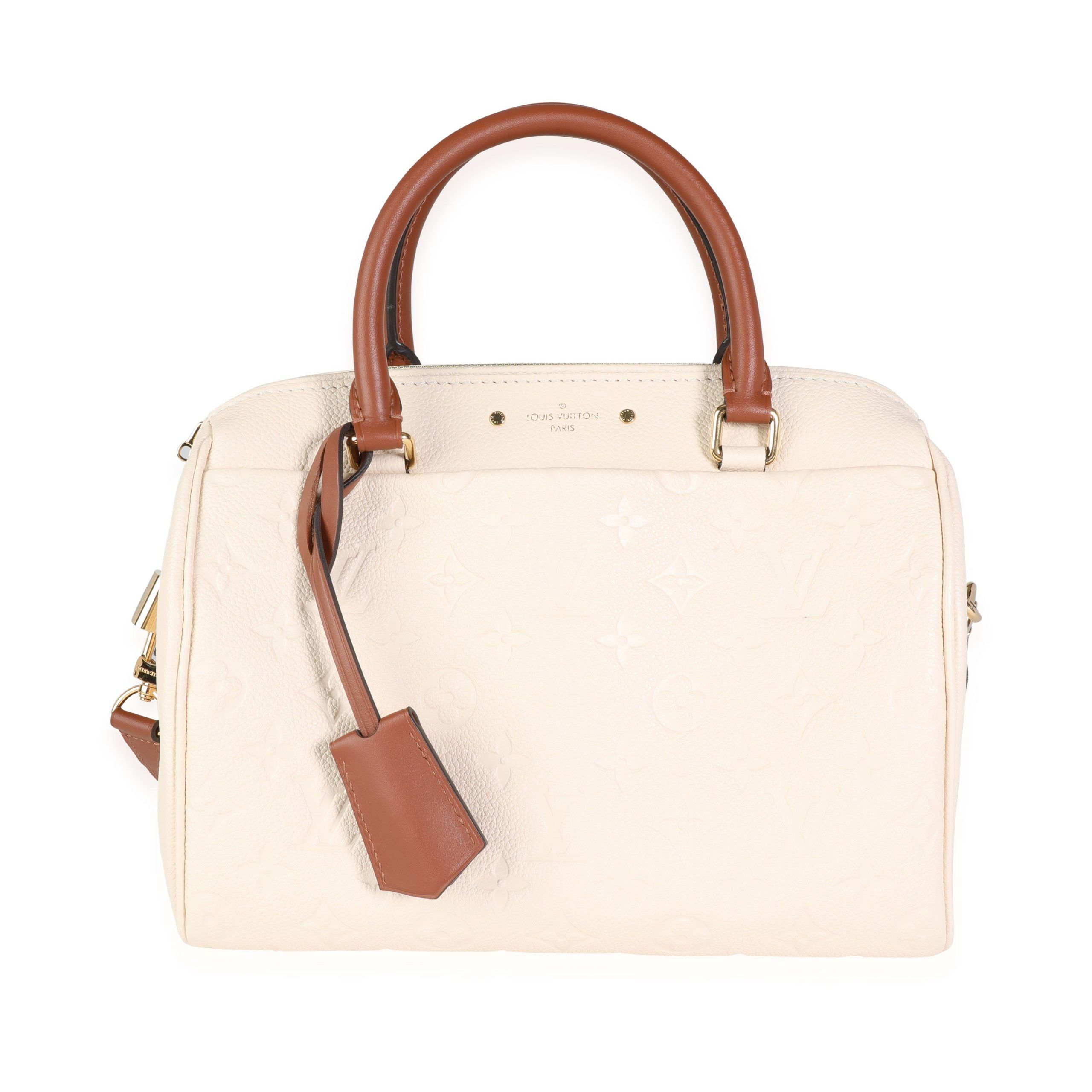 image of Louis Vuitton Cream Empreinte & Caramel Calfskin Speedy Bandoulière 25 Nm in White, Women's