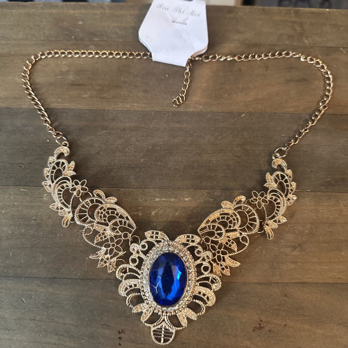 Other Gold tone filigree blue gemstone statement necklace Size ONE SIZE - 2 Thumbnail