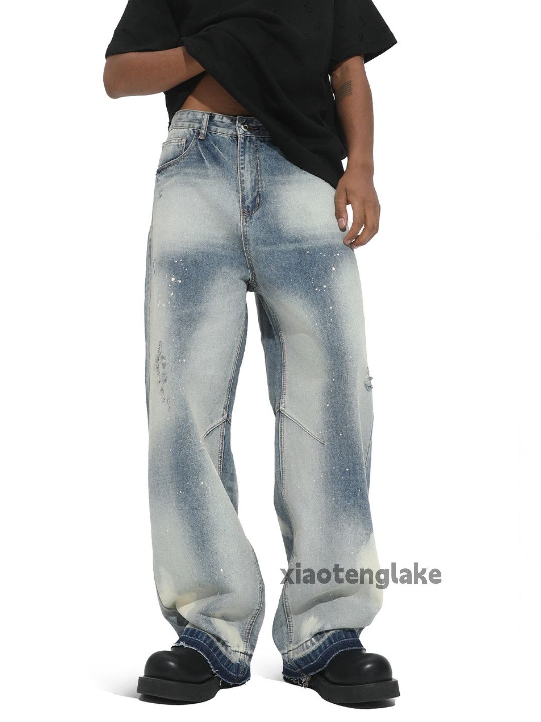 Jean Unisex washed faded punk grunge baggy stain jeans Size US 32 / EU 48 - 4 Thumbnail