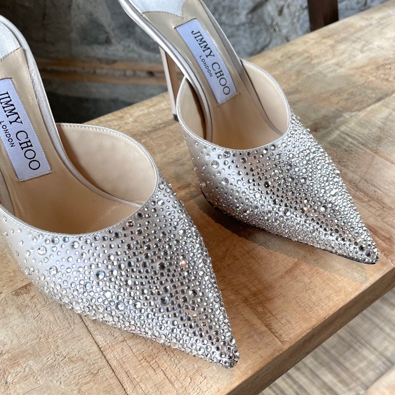 Jimmy Choo Jimmy Choo Crystal Embellished Satin Rav 100 Heeled Mules Size US 7.5 / IT 37.5 - 4 Thumbnail