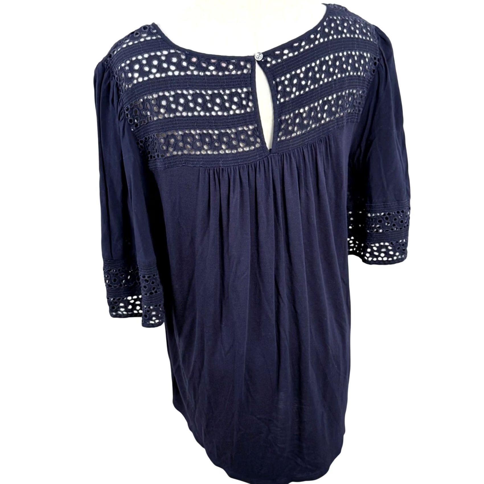 Loft LOFT Blouse Navy Blue Eyelet Crochet Lace Peasant Top Casual Workwear Womens M Size M / US 6-8 / IT 42-44 - 3 Thumbnail