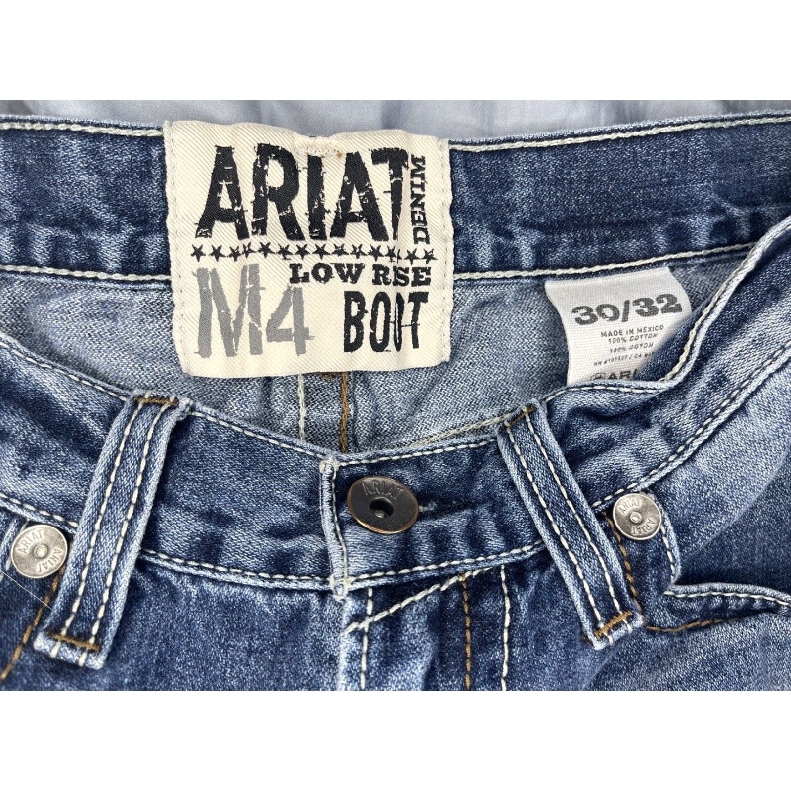 Ariat Ariat M4 Low Rise Boot Jeans 5-Pocket Denim Size 30x30.5 Mens Blue Embroidered Pocket Belt Loops Logo Western Cowboy Regular Fit Size US 30 / EU 46 - 3 Thumbnail