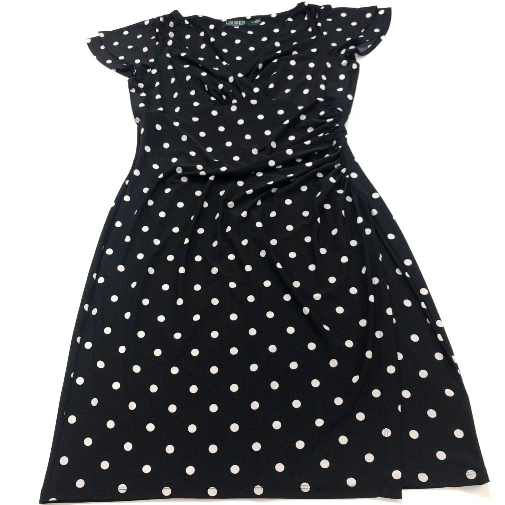 Ralph Lauren Lauren Ralph Lauren V-Neck Faux Wrap Sheath Knee Length Dress Polka Dot 12 Black Womens Sleeveless Casual KS Size XL / US 12-14 / IT 48-50 - 2 Thumbnail