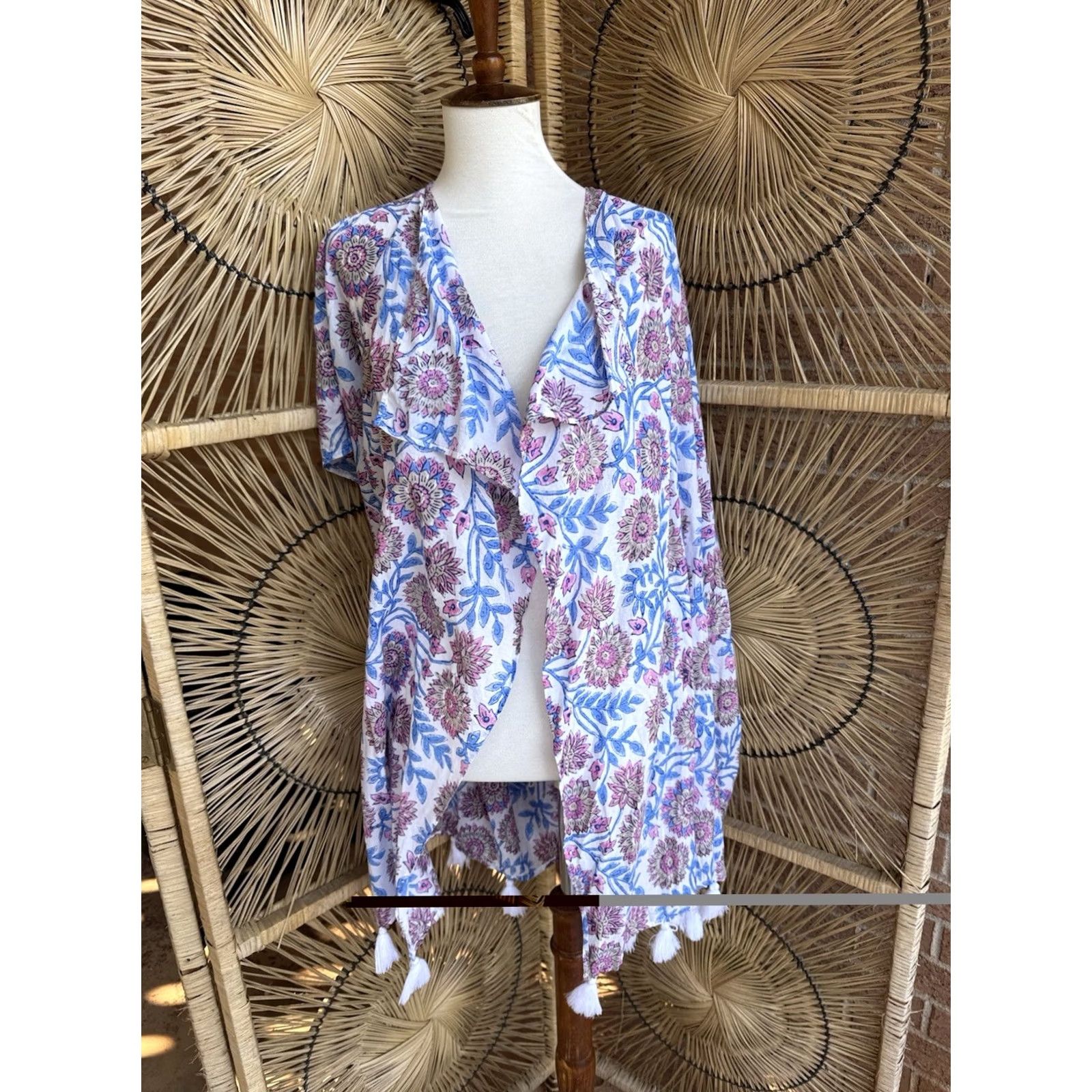 J.Crew J.CREW Boho Kimono Cover Up Floral Beach S/M White 100% Cotton Tassel Trim Open Front Womens Medium Size M / US 6-8 / IT 42-44 - 2 Thumbnail