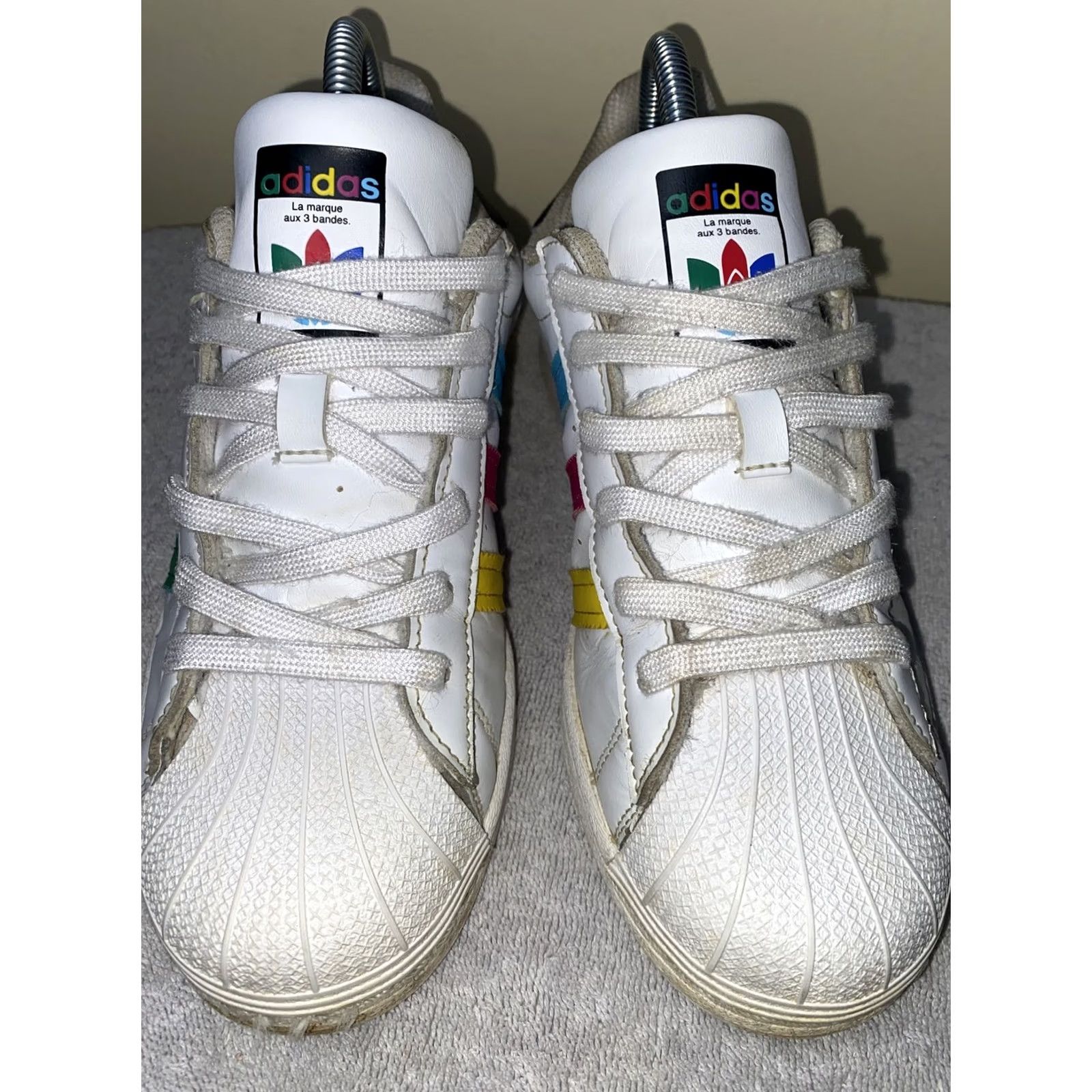 Adidas ADIDAS SUPERSTAR J White Multicolor Stripes FW5236 Men's Women 6.5 8 Shoes Sneaker Low Top Multicolor Striped Logo Casual Athletic Size US 7 / IT 37 - 4 Thumbnail