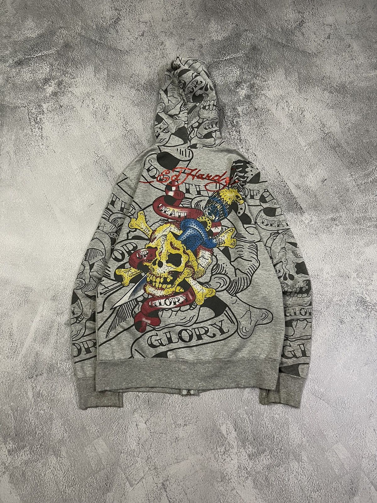 Vintage Y2k Skull ☠️ Rare Ed Hardy All Over Print Zip Hoodie