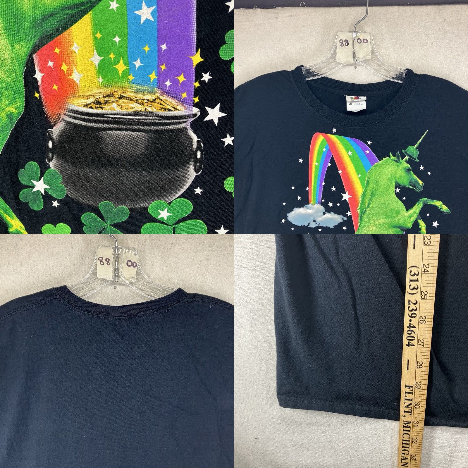 Fruit Of The Loom VINTAGE Fruit of the Loom Unisex T-Shirt XL Black Rainbow Unicorn Shamrocks Graphic Print All Seasons Size US XL / EU 56 / 4 - 8 Thumbnail