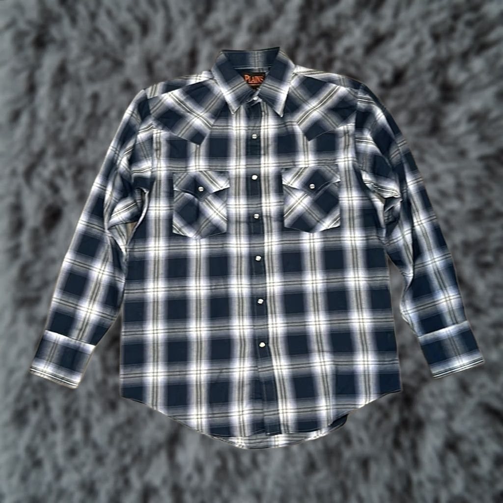 Vintage Plains Long Sleeve Pearl Snap Button-Up Shirt Medium Mens Blue Navy Plaid 65/35 Polyester/Cotton Regular Sleeve Size US M / EU 48-50 / 2 - 1 Thumbnail
