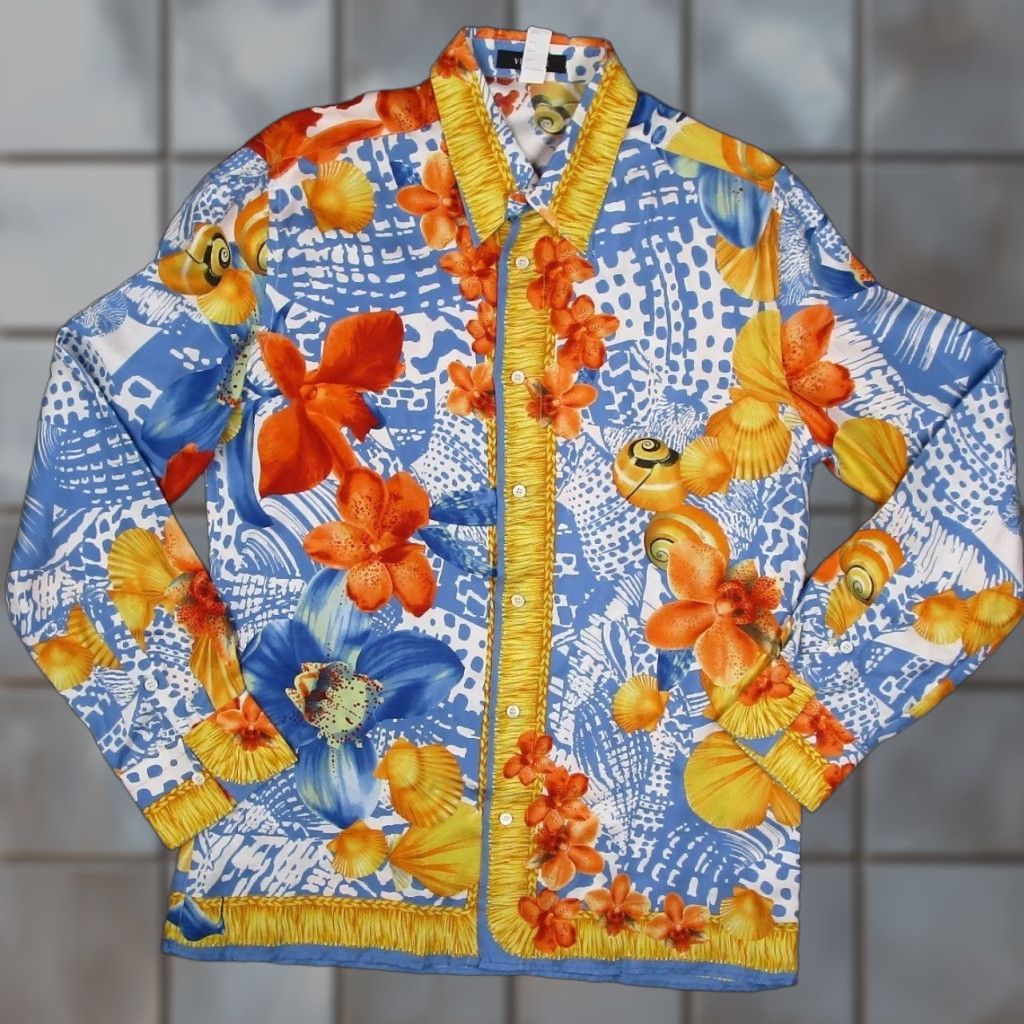 Versace VINTAGE Gianni Versace Silk Shirt Mens 54 XL Blue Orange Nautical Shell Orchid 90s Size US XL / EU 56 / 4 - 1 Thumbnail