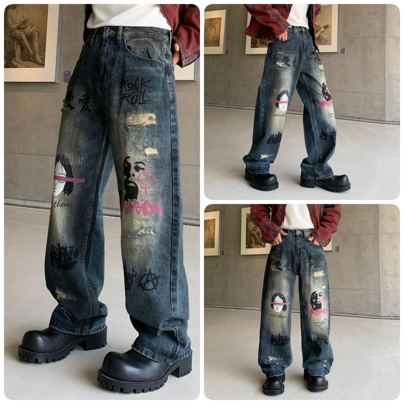 Vintage Distressed Relaxed Fit Graffiti Jeans, Baggy Denim Size US 32 / EU 48 - 5 Thumbnail