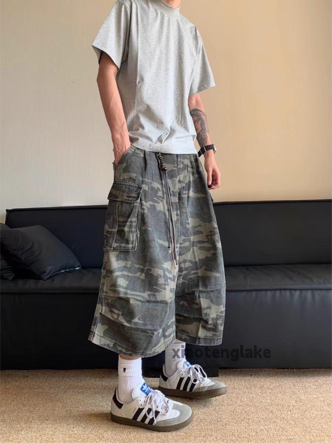 Designer Unisex outdoor loose baggy hiphop cargo camo shorts Size US 30 / EU 46 - 6 Thumbnail