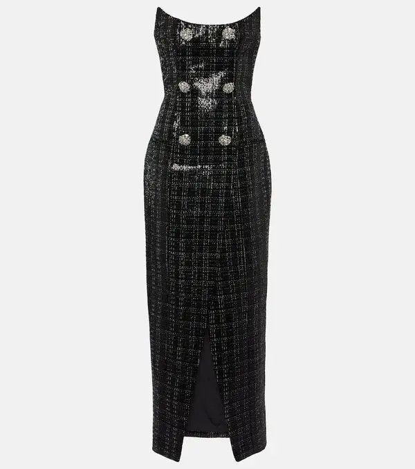 Balmain o1s1wg110825 Sequined Strapless Tweed Maxi Dress in Black Size S / US 4 / IT 40 - 1 Thumbnail