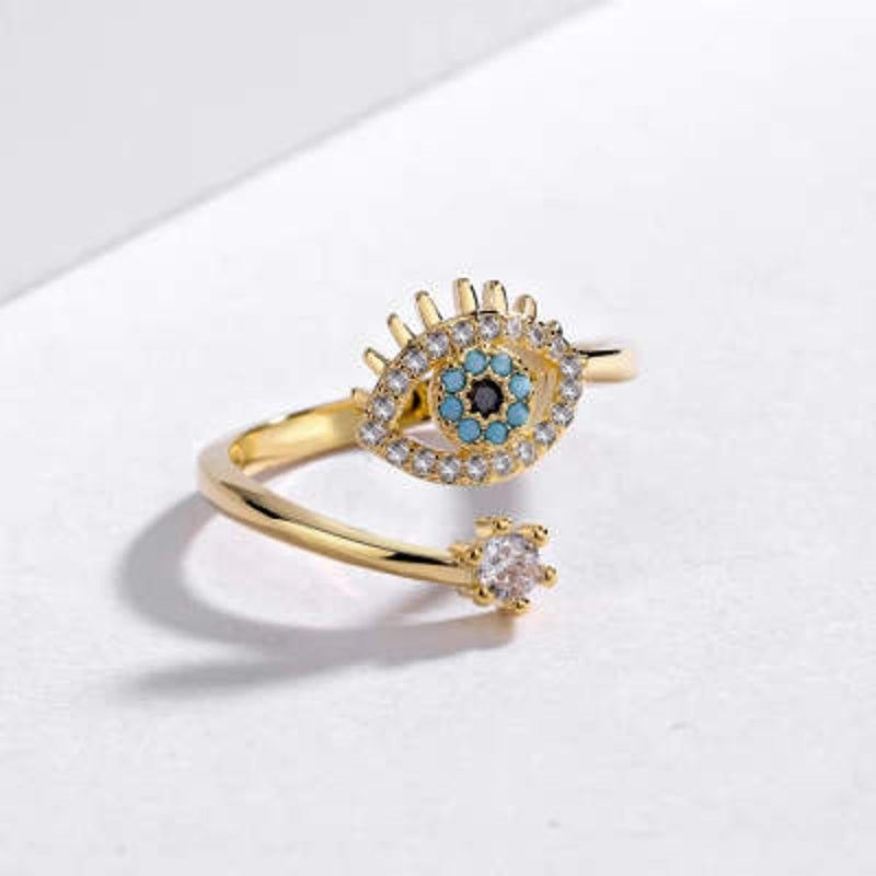 Jewelry Evil Eye Adjustable Ring Blue White Black CZ Crystals Gold Size ONE SIZE - 1 Thumbnail